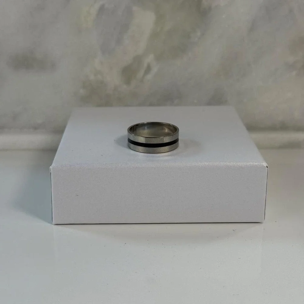 Mens Silver Band Ring with Black Stripe Minimalist Modern Jewelry Accessory